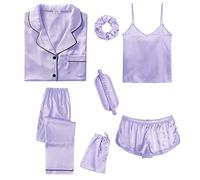 SWOMOG Womens 7pcs Silk Satin Pyjama Set Short Sleeve Button Down Shirt Camisole Shorts Pants Pjs Set Eye Mask with Silky Hair Band Lavender XX-Large