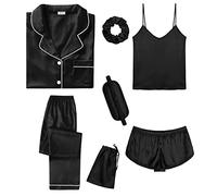 SWOMOG Womens 7pcs Silk Satin Pyjama Set Short Sleeve Button Down Shirt Camisole Shorts Pants Pjs Set Eye Mask with Silky Hair Band Black Large