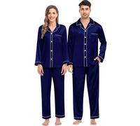 SWOMOG Womens Matching Pyjamas Sets Silk Pjs Set with 2 Pockets Long Sleeve Button Down Sleepwear Loungewear Deep Navy Blue XX-Large