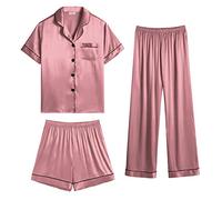 SWOMOG Womens Satin Pyjama Sets Ladies Silk Nightwear 3 Piece Short Sleeve Pj Button Down Sleepwear Set S Misty Rose