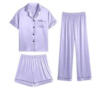 SWOMOG Womens Satin Pyjama Sets Ladies Silk Nightwear 3 Piece Short Sleeve Pj Button Down Sleepwear Set L Lavender