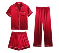SWOMOG Womens Satin Pyjama Sets Ladies Silk Nightwear 3 Piece Short Sleeve Pj Button Down Sleepwear Set XXL Red