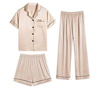 SWOMOG Womens Satin Pyjama Sets Ladies Silk Nightwear 3 Piece Short Sleeve Pj Button Down Sleepwear Set L Champagne