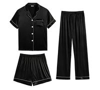 SWOMOG Womens Satin Pyjama Sets Ladies Silk Nightwear 3 Piece Short Sleeve Pj Button Down Sleepwear Set L Deep Black