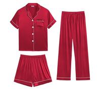 SWOMOG Womens Satin Pyjama Sets Ladies Silk Nightwear 3 Piece Short Sleeve Pj Button Down Sleepwear Set XXL Light Red
