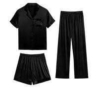 SWOMOG Womens Satin Pyjama Sets Ladies Silk Nightwear 3 Piece Short Sleeve Pj Set Button Down Sleepwear Set Loungewear