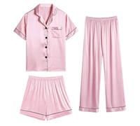 SWOMOG Womens Satin Pyjama Sets Ladies Silk Nightwear 3 Piece Short Sleeve Pj Set Button Down Sleepwear Set Loungewear Pink