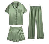 SWOMOG Womens Satin Pyjama Sets Ladies Silk Nightwear 3 Piece Short Sleeve Pj Set Button Down Sleepwear Set Loungewear（Matcha）