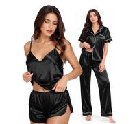 SWOMOG Womens Silk Satin Pajamas Sets 4pcs Sleepwear Sexy Cami Shorts Set and Button Down Short Sleeve Pjs Loungewear