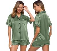 SWOMOG Women's Silk Satin Pyjamas Two-Piece Sleepwear Loungewear Button-Down, Matcha, XXL