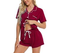 SWOMOG Women's Wine Red Lounge Set Pyjama Shorts & Top, S-XXL, All Seasons, Relaxed Fit, Button Down, Short Sleeve, High Rise, Solid, Bridal Shower, Christmas