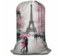 Swono Paris Heavy Duty Laundry Drawstring Bag with Strap, European City Landscape Eiffel Tower 28 x 40 Inches Travel Dirty Clothes Bag for Laundromat and Household, Oil Painting