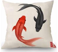 Swono Red and Black Koi Carps Hand Drawn with Ink in Traditional Japanese Burlap Throw Pillow Case Cushion Cover Couch Sofa Decorative Square 18x18 inches