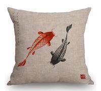 Swono Red and Black Koi Carps Hand Drawn with Ink in Traditional Japanese Burlap Throw Pillow Case Cushion Cover Couch Sofa Decorative Square 18x18 inches