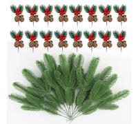 SWoob 32pcs Artificial Pine Branches with Red Berries - Christmas Tree Picks for Tree, Wreath, Window, Ceiling & Vase Decoration (10-26cm)