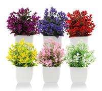 SWoob 6 Pack Mini Fake Plants Artificial Plants Indoor with Plastic Plant Pots Decorative Artificial Flowers for Home Accessories（ White Pink Yellow Red Purple Lotus Color）
