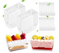 SWoob 60pcs Plastic Square Dessert Pots Clear Reusable Mini Dessert Cup with 60pcs Plastic Spoon Suitable for Cake Ice Cream Pudding Party(160ML)