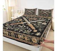 Swords Fitted Sheet King Size,Boho Style Exotic Mattress Cover Retro Flowers Plant Bedding Set for Kids Adults Black Khaki Deep Pocket Sheet 3Pcs,No Top Flat