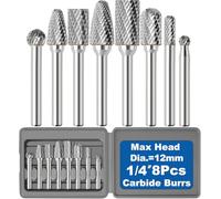 Sworker 8Pcs Carbide Burr Set 1/4 Shank w/Grey Flat Box Max Head Dia 12mm Die Grinder Bits Rotary Tools Attachment Kit Accessories Metal Wood Stone Steel Grinding Deburring Cutting Porting Carving
