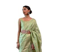 SWORNOF Women's kanjivaram banarasi silk saree Zari Woven festival Wedding silk sarees for women with Unstitched blouse piece, Pista, 6 Yard