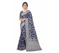 SWORNOF Women's Lucknowi Chikankari Linen cotton Woven Sarees For Women with Blouse sarees for Women 6 yard, Natural Blue, 6 yard