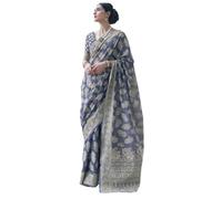 SWORNOF Women's Lucknowi Chikankari Linen cotton Woven Sarees For Women with Blouse sarees for Women 6 yard, Blue, 6 yard