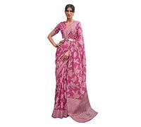 SWORNOF Women's Lucknowi Chikankari Linen cotton Woven Sarees For Women with Blouse sarees for Women 6 yard, Natural Pink, 6 yard
