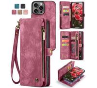 SWP Wallet Case Compatible with iPhone16 ProMax, Case w/Magnetic Detachable Cover [8 Card Slots] Clutch Wallet w/Wristlets Money Pocket (Red, 16 ProMax)