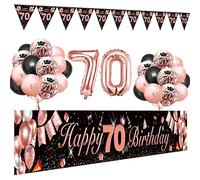 SWPEED 70th Birthday Decoration Kit for Women With Rose Gold Happy Birthday Banner, Black and Rose Gold Confetti Balloons, Number 70 Triangle Flag
