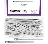 Swpeet 100Pcs 150mm/ 5.9 inch 304 Stainless Steel Zip Ties Assortment Kit, Multifunctional Metal Zip Ties, Heavy Duty Self-Locking Cable Ties for Machinery, Vehicles, Farms, Cables, Pipes, Fence