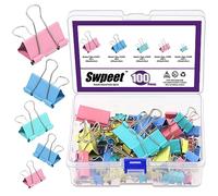 Swpeet 100Pcs Metal Colorful Binder Clips, Paper Clamps, Fold Back Clips, Paper Clamps Clips 5 Sizes Large, Medium, Small, X Small and Micro Use for Office, Home, School, Classroom