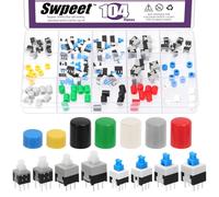Swpeet 104Pcs 10 Values 5.8X5.8mm 7X7mm 8X8mm 8.5x8.5mm 6Pin Self Locking DPDT Micro Square Button Switches and Micro Momentary Tact Switches with Button Caps Assortment Kit, Button Switch for Power