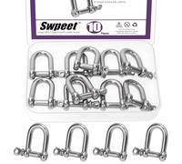 Swpeet 10Pcs M6 1/4" 304 Stainless Steel D Shape Shackle Assortment Kit, D Shaped Bow Shackles, Heavy Duty Marine Grade D Shackles, Screw Pin Shackle for Paracord Jewelry, Outdoor Camping