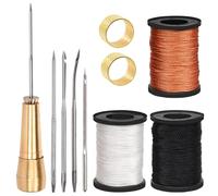 Swpeet 10Pcs Portable Canvas Leather Sewing Awl Needle Kit Includes 50m Waxed Nylon Cord Thread, Copper Handle, 2Pcs Thimble for Heavy Fabrics, Handmade Leather Sewing Tools Shoe and Leather Repair