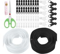 Swpeet 10Rolls 3 Yard #5 Black and White Nylon Zipper Tape Zipper Strip with 50Pcs Pull Head and Scissor, Ruler Kit, Replacement Zipper Roll Endless Zip with Double and Single