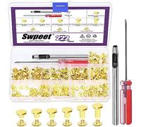 Swpeet 110 Set 6 Sizes M5 x 4mm/5mm/6mm/8mm/10mm/12mm Gold Leather Rivets Chicago Binding Screws with Install Tools Assortment Kit, Screw Rivets M5 Chicago Binding Screws for Repair Leather