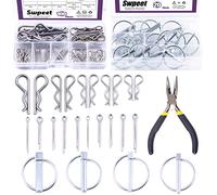 Swpeet 121Pcs 4 Sizes White Zinc Lynch Pin with Ring and 304 Stainless Steel Cotter Pin Hair Pin Hitch Pin and R Shape Clips Fastener Fitting with Needle Nose Pliers Kit for Farm Tractors Trailers