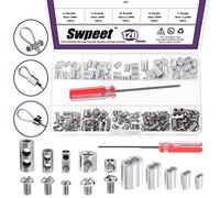 Swpeet 121Pcs Adjustable Wire Rope Clips Clamp and Aluminum Crimping Loop Sleeve with Screwdriver Assortment Kit, Wire Rope Grips Wire Rope and Cable Wire Rope Lock with End Screw Stopper for Cable