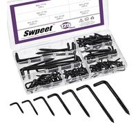 Swpeet 125Pcs 7 Sizes Black Metal Screw-in Square Bend Hooks Kit, Square Bend Hooks L Shaped Self-Tapping Screws Hook L Type Photo Frame Right Angle Hook for Home/Workplace/Office Hanging