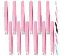 Swpeet 12Pcs 3.79 Inches Pink Eyebrow Tweezers Stainless Steel Slant Tip Tweezers Kit, Professional Eyebrow Facial and Hair Remover, Slant Pointed Precision Tweezers Fits for Men and Women