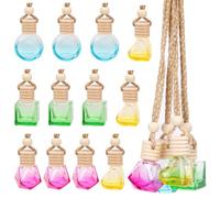 Swpeet 12Pcs 4 Sizes 6/8/10ml Hanging Perfume Diffuser Air Freshener Diffuser, Empty Refillable Clear Glass Essential Oil Car Bottles Fragrance Pendant Vials with Wooden Caps & Hanging String