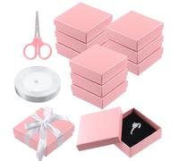 Swpeet 12Pcs Pink 3.5 x 3.5 x 1.2Inch Diamond Pattern Cardboard Jewelry Gift Boxes with Scissors and Polyester Ribbon Assortment Kit, Necklace Earring Bracelet Boxes Gift Case for Jewelry Storage