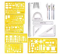 Swpeet 12Pcs Plastic Yellow Geometric Drawings Templates Kit, 4 Different Geometric Measuring Drawings Templates Stencils with 2Pcs Pencil and 4Pcs Measuring Ruler for Drawing Engineering