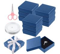 Swpeet 12Pcs Sapphire Blue 3.5 x 3.5 x 1.2Inch Diamond Pattern Cardboard Jewelry Gift Boxes with Scissors and Polyester Ribbon Assortment Kit, Necklace Earring Bracelet Boxes Gift Case for Jewelry