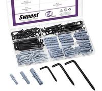 Swpeet 150Pcs 3 Sizes Black Metal Screw-in Square Bend Hooks with Expansion Tubes Anchors Assortment Kit, L Shaped Self-Tapping Screws Hooks L Type Photo Frame Right Angle Hook for Wall Hanging