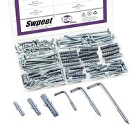 Swpeet 150Pcs 3 Sizes Blue White Metal Screw-in Square Bend Hooks with Expansion Tubes Anchors Assortment Kit, L Shaped Self-Tapping Screws Hooks L Type Photo Frame Right Angle Hook for Wall Hanging