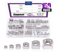 Swpeet 150Pcs 304 Stainless Steel 6 Sizes Metric Square Nuts Assortment Kit, Machine Screw Nuts Metric Coarse Thread - M3 M4 M5 M6 M8 M10