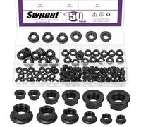 Swpeet 150Pcs 6 Sizes M3 M4 M5 M6 M8 M10 Black 304 Stainless Steel Serrated Flange Nuts Hex Lock Nuts Assortment Kit, Metric Flange Locknuts Fasteners for Industry Mechanism
