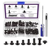 Swpeet 152Pcs M5x5mm, 6mm, 8mm, 10mm, 12mm Black Screws Leather Rivets Assorted with Hole Punch and Screwdriver, Round Flat Head Stud Screw for DIY Leather Craft and Bookbinding