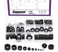 Swpeet 164Pcs 10 Sizes M2 M2.5 M3 M4 M5 M6 M8 M10 M12 M14 Metric Black Nylon Hex Nuts Assorment Kit, Metric Thread Plastic Fastener Nuts Hexagon for Home Automotive Shop Fasteners Use